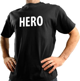 Man wearing hero t-shirt illustrates he will be his groups t-shirt ordering hero