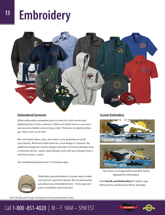BSA troop ClassB catalog page 13 banners stickers troop jackets neckerchiefs and troop trailer graphics