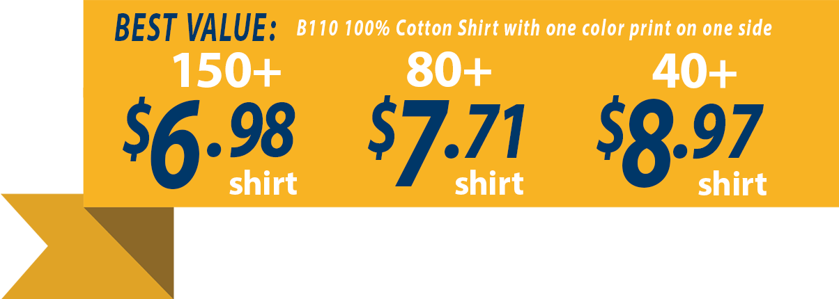 Custom t-shirt pricing as low as $6.72 each