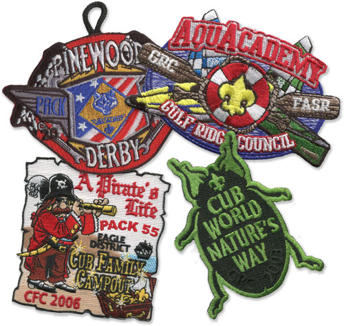 custom patch examples bug patch, pirate patch, pinewood derby and aqua academy patches =