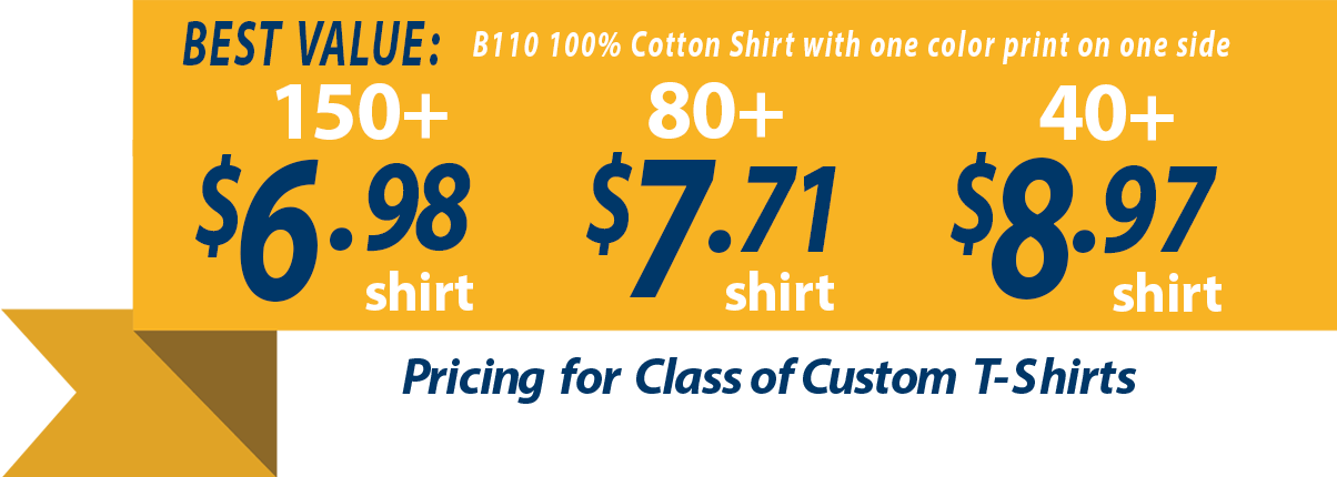 Custom t-shirts for Class of 2019 students banner showing t-shirts as low as 6.98
