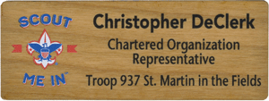 full color name tag with lots of text