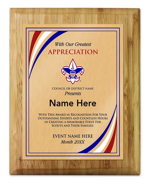 BSA council event coordinator vertical bamboo plaque