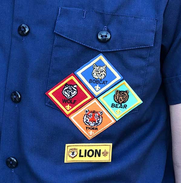 lion badge below left pocket of cub scout uniform
