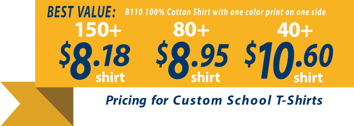 Custom t-shirts for school banner showing t-shirts as low as $8.18 each