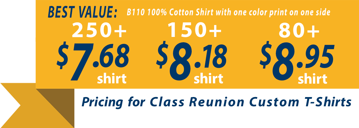 Custom t-shirts for Class Reunion students banner showing t-shirts as low as $7.68 each