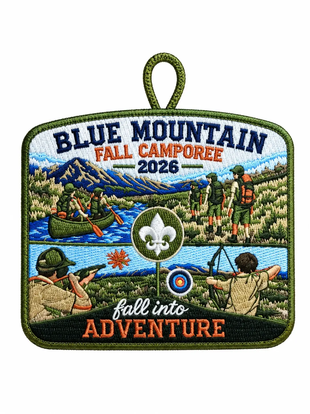 Fall camporee patch with small embroidered text