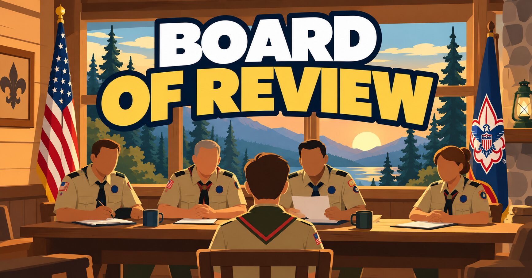 Scout board of review: a Scout in uniform facing adult leaders at a table in a cabin