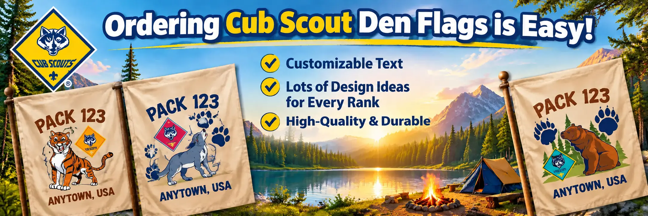 Ordering Cub Scout den flags is easy: customizable text and many stock designs