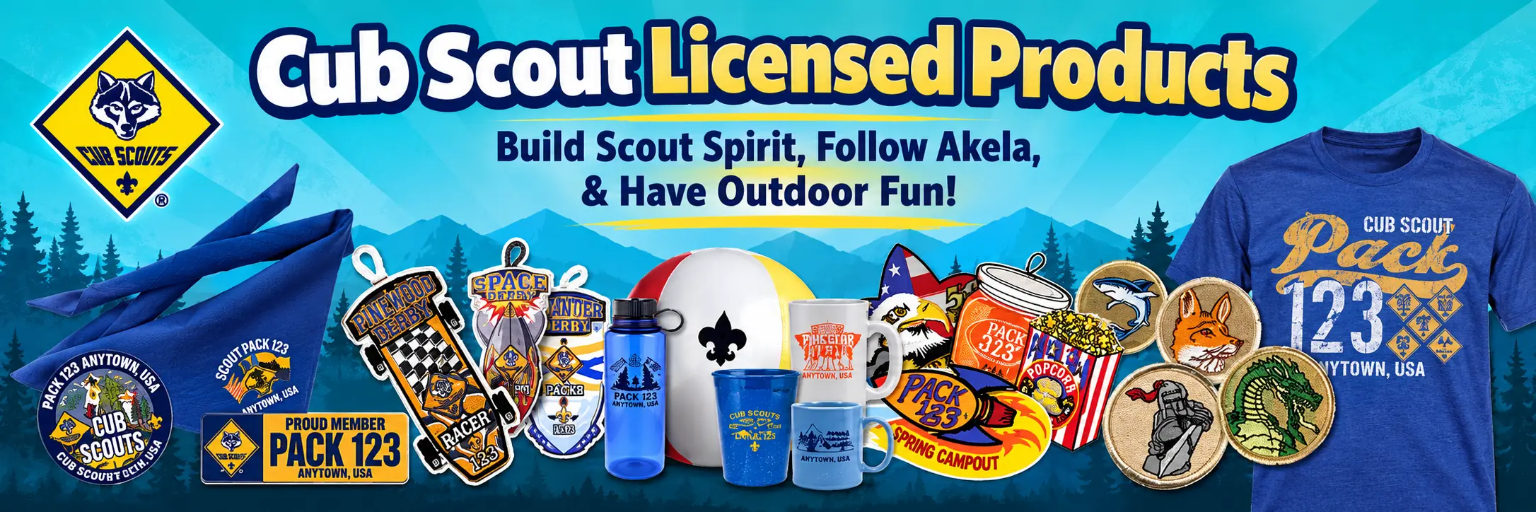 Cub Scout licensed products: pack t-shirts, neckerchiefs, patches, drinkware, and banners