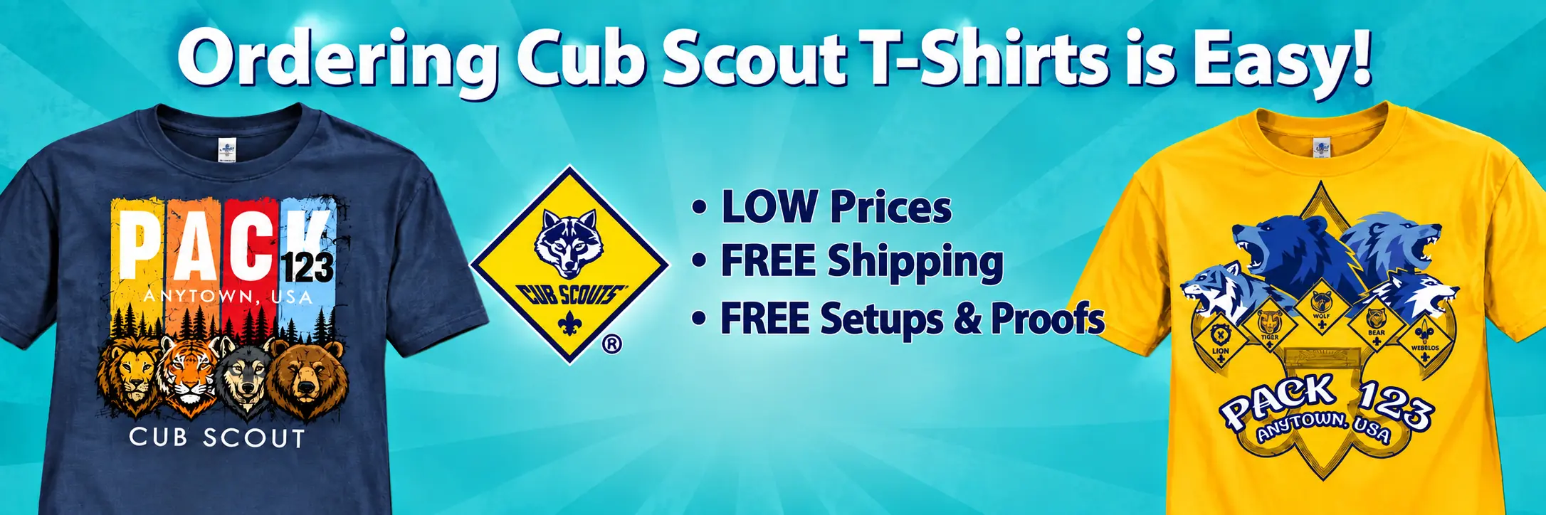Ordering Cub Scout t-shirts is easy: custom pack t-shirt designs with free shipping and free setups