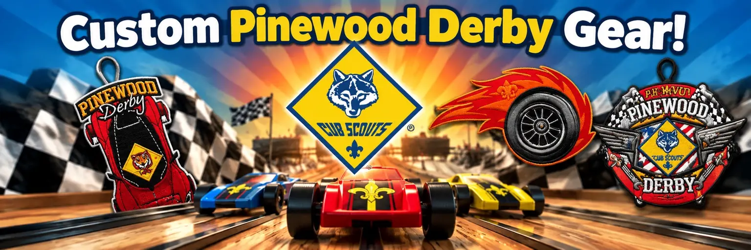 Custom Pinewood Derby banner and patch for a Cub Scout pack
