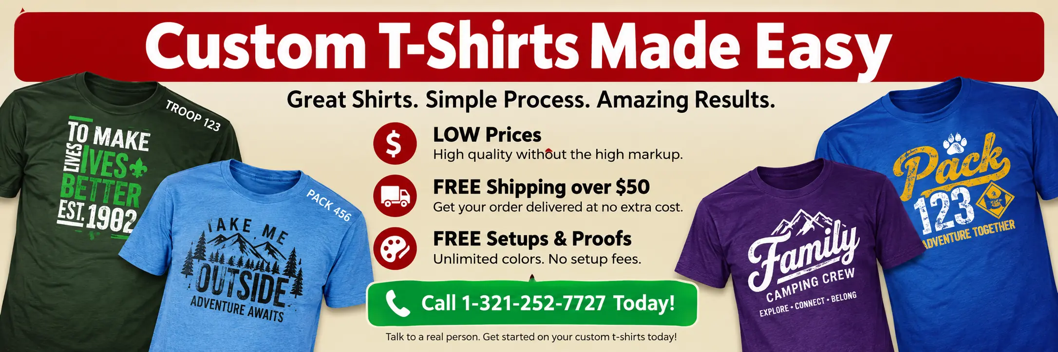 Custom t-shirts ordering is easy — low prices, free shipping, free custom artwork
