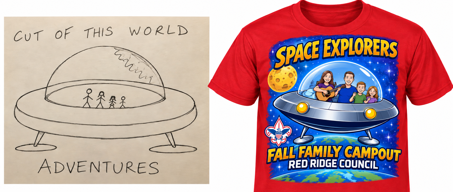 Customer concept drawing on the left turned into a finished custom printed t-shirt on the right
