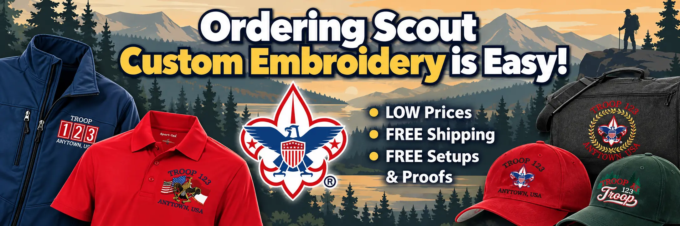 Custom Scout embroidery on jackets, polos, hats, and bags