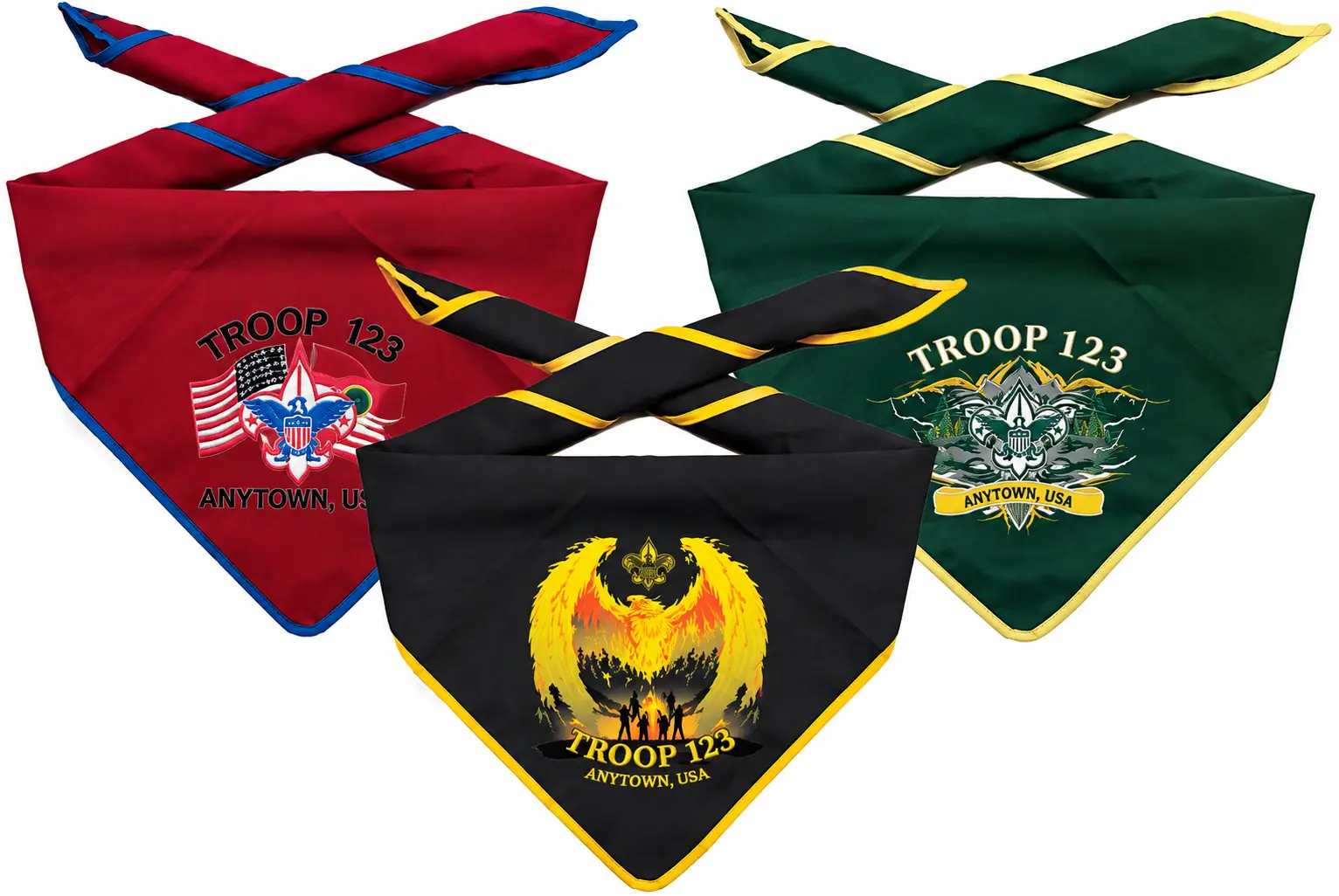 Custom Scout Troop neckerchiefs in red, black and green with embroidered universal emblem and Troop text