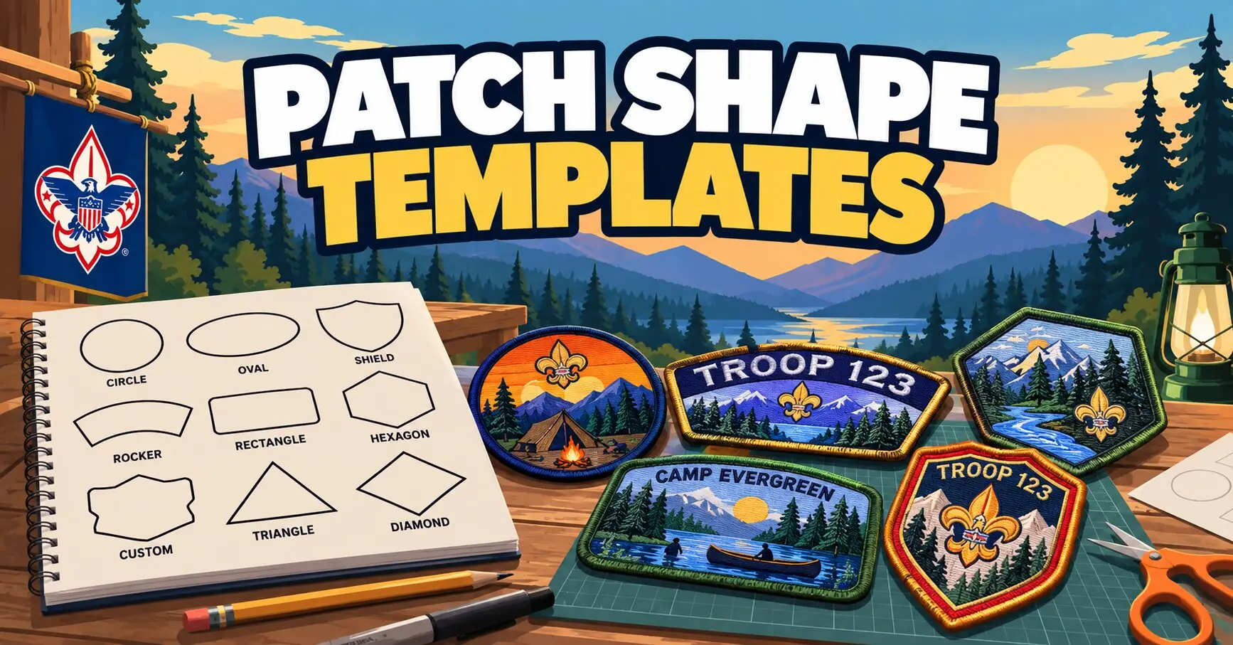 Patch shape templates: a sketchbook of patch outlines next to finished Troop and camp patches