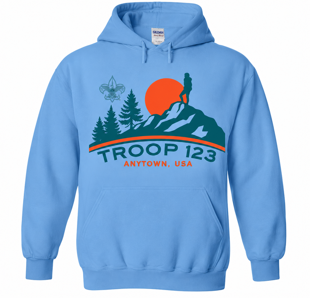 Scout Troop design on a B176 hooded sweatshirt