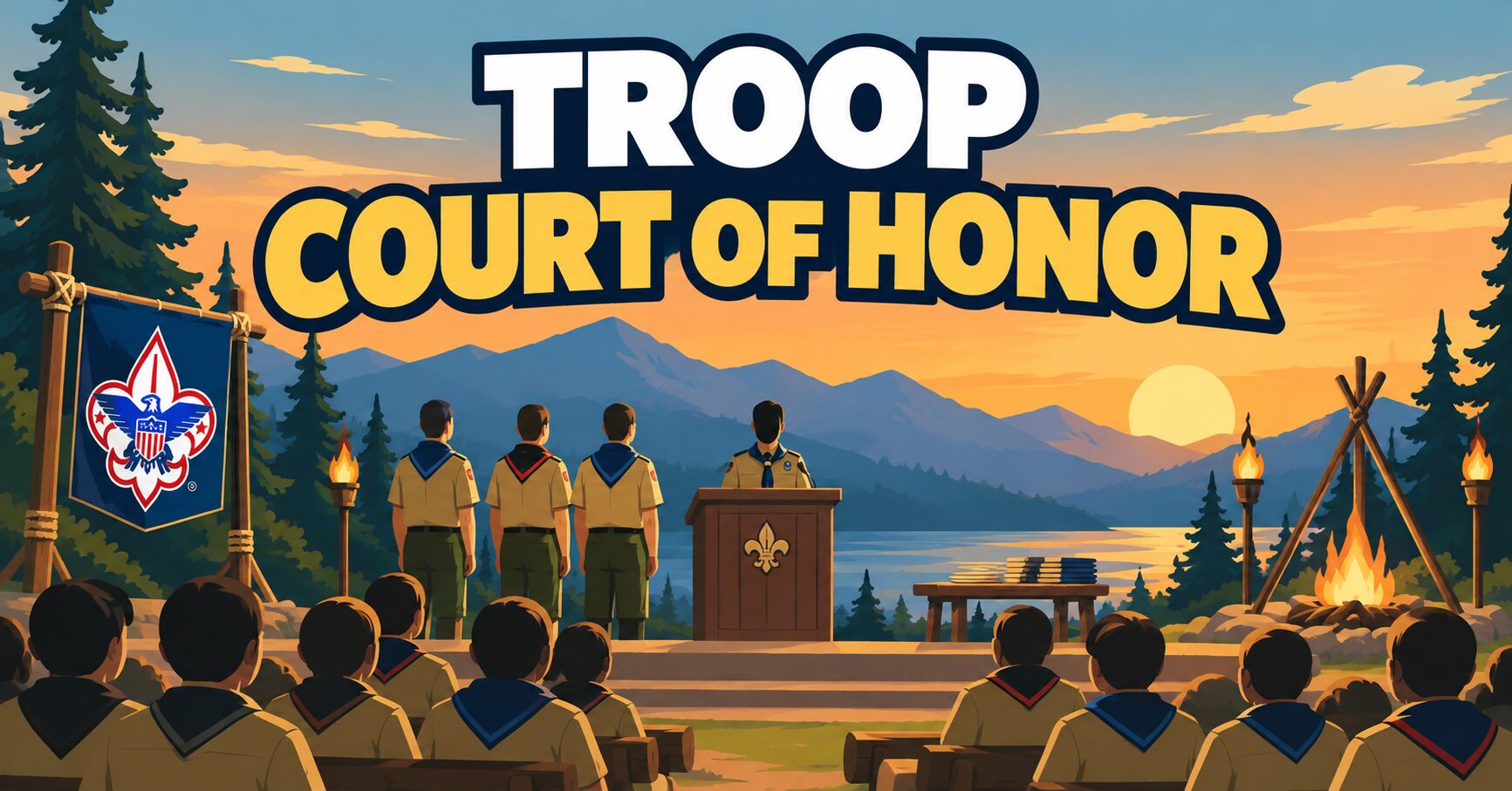 Troop Court of Honor: a Scout Troop flag and tent at a mountain lake campsite at sunset