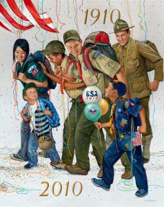 Joseph Csatari's painting, shown above, which depicts a 1910 Scout, four current Scouts, and one boy who can't wait to join the program.